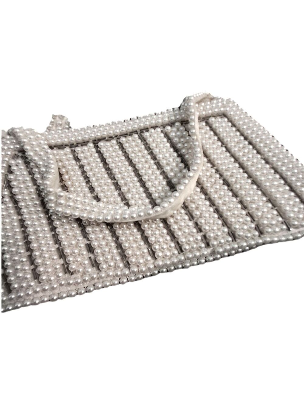 Vintage 1950s Japanese Faux Pearl Beaded Evening Bag Clutch Grey Bugle Beads